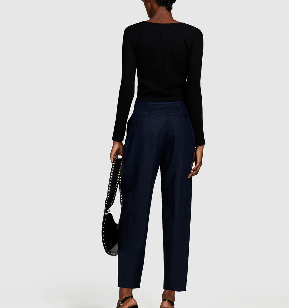 100% linen barrel leg trousers - women's carrot fit trousers - Dark Blue | Sisley image number 3